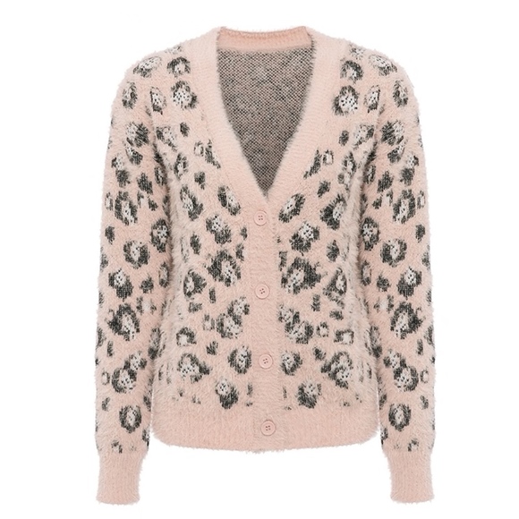Fuzzy Pink Cheetah Buttoned Cardigan V-Neck - Picture 7 of 10